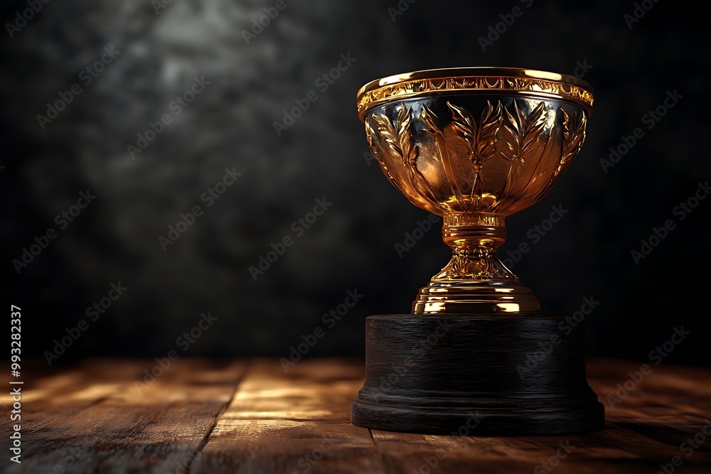 Golden Trophy on Wooden Table 3D Illustration Background Golden Trophy on Wooden Table 3D Illustration Background