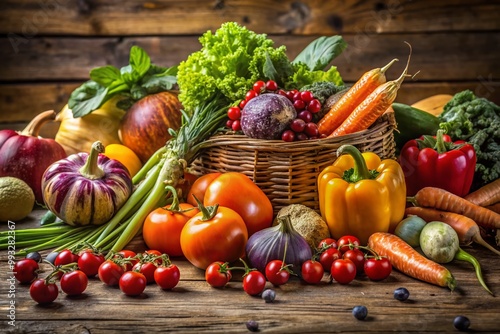 Freshly harvested organic vegetables and fruits displayed on a rustic wooden table in natural light