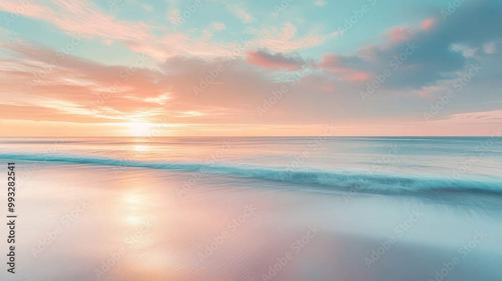 Fototapeta premium Close-up of sandy beach by the sea. Panoramic view of the beach landscape. Inspiring tropical shoreline and seascape with a distant horizon. Vibrant orange and golden hues of the sunset sky