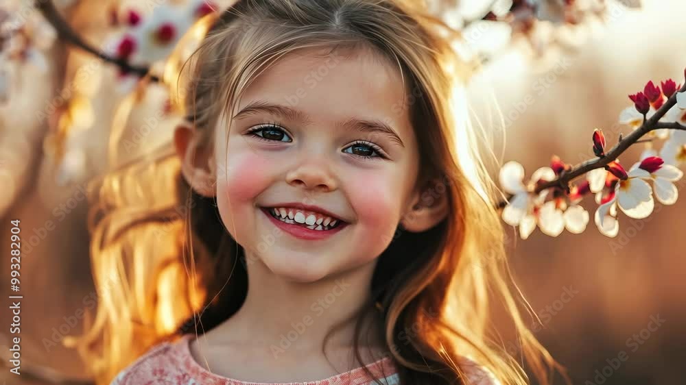 A young girl smiles brightly near a blooming tree on a sunny day A young girl smiles brightly near a blooming tree on a sunny day