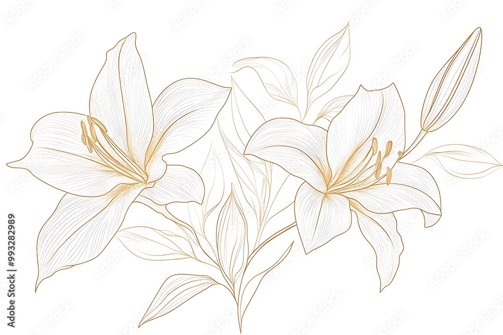 Golden lily flowers line art isolated on white background. Luxury lilies floral design elements for invitation, wedding, wallpaper, print template Golden lily flowers line art isolated on white background. Luxury lilies floral design elements for invitation, wedding, wallpaper, print template