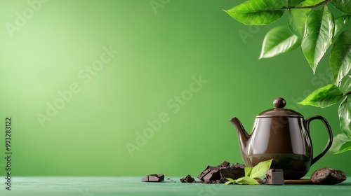 Green tea and cocoa in a natural setting, emphasizing their epicatechin content photo