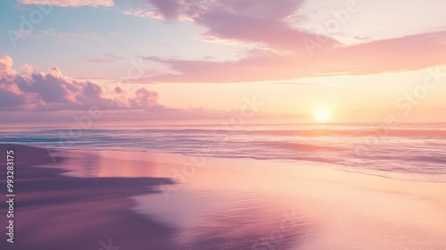 Close-up of sandy beach by the sea. Panoramic view of the beach landscape. Inspiring tropical shoreline and seascape with a distant horizon. Vibrant orange and golden hues of the sunset sky