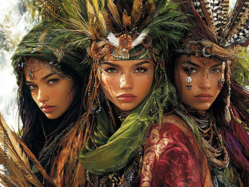 Exotic culture portrait of women adorned in vibrant outfits.