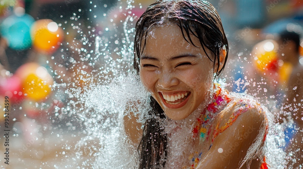 Joyful Thai Woman Splashing Water at Songkran Festival Street Celebration Joyful Thai Woman Splashing Water at Songkran Festival Street Celebration