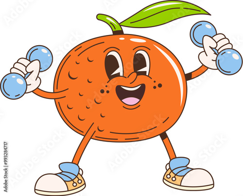 Retro cartoon groovy tangerine fruit character. Isolated vector cheerful orange fruit with a green leaf on top, lifting dumbbells. energetic, happy and healthy personage promotes fitness and vitality