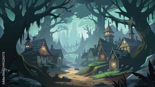 Print Village at the Edge of the Cursed Forest Halloween Background Vector Illustration with Spooky Trees and Eerie Atmosphere
