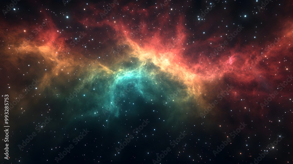 Naklejka premium Cosmic Nebula with Red, Yellow, and Green Gaseous Swirls