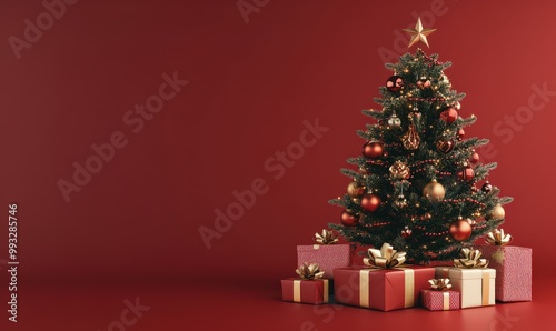 Festive Christmas tree with golden star topper, red and gold decorations, surrounded by wrapped gifts, creating a warm holiday atmosphere against a vibrant red background