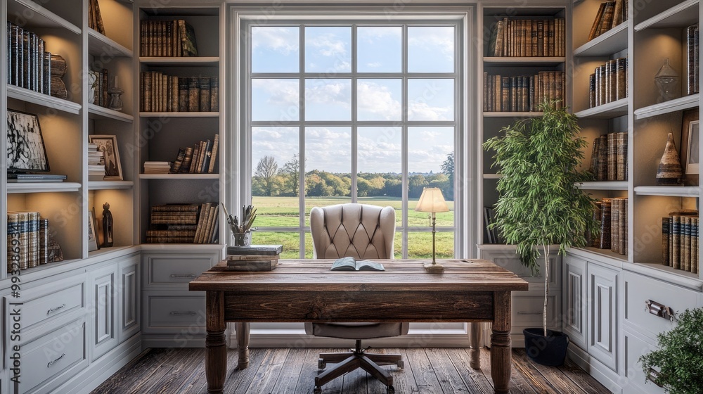 Cozy and inviting home office with a rustic wooden desk Cozy and inviting home office with a rustic wooden desk