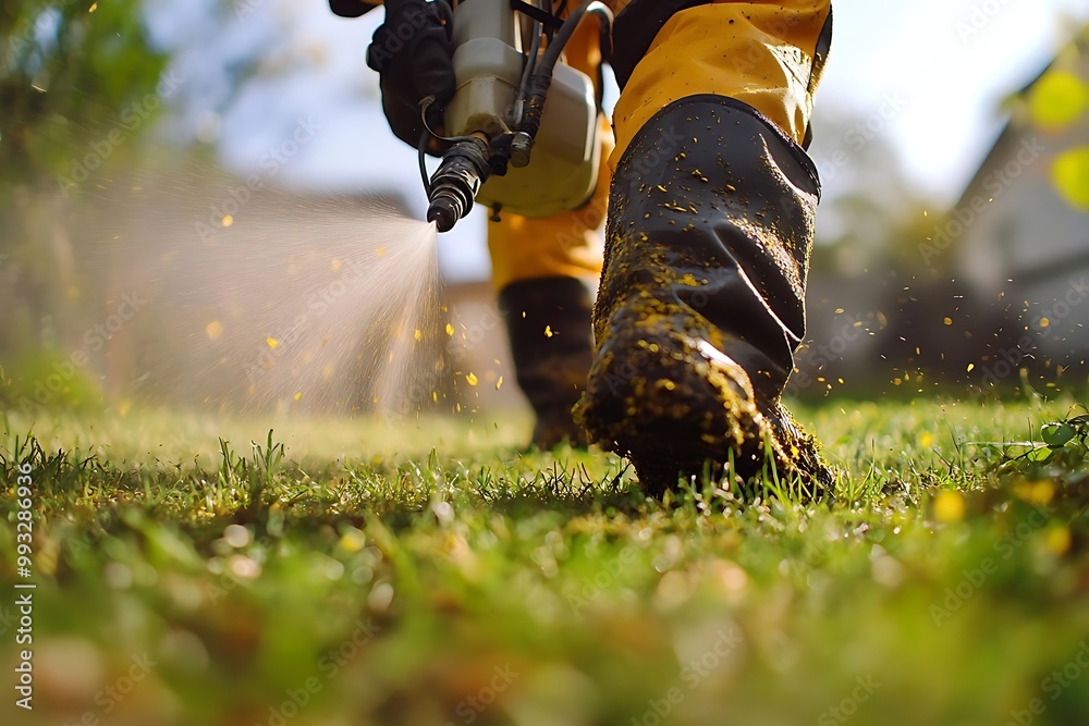 Photo of Lawn Care Worker Applying Fertilizer and Weed Control on Green Grass Photo of Lawn Care Worker Applying Fertilizer and Weed Control on Green Grass