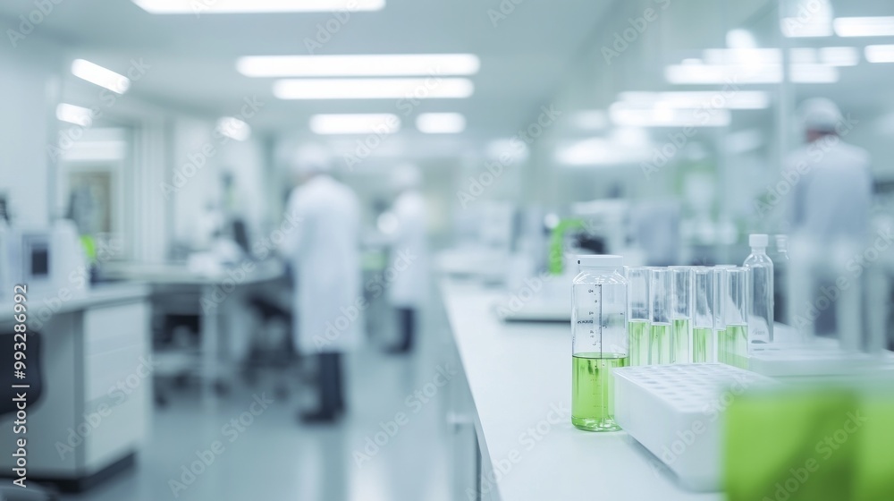 Green Liquid in Test Tubes in a Modern Laboratory Green Liquid in Test Tubes in a Modern Laboratory