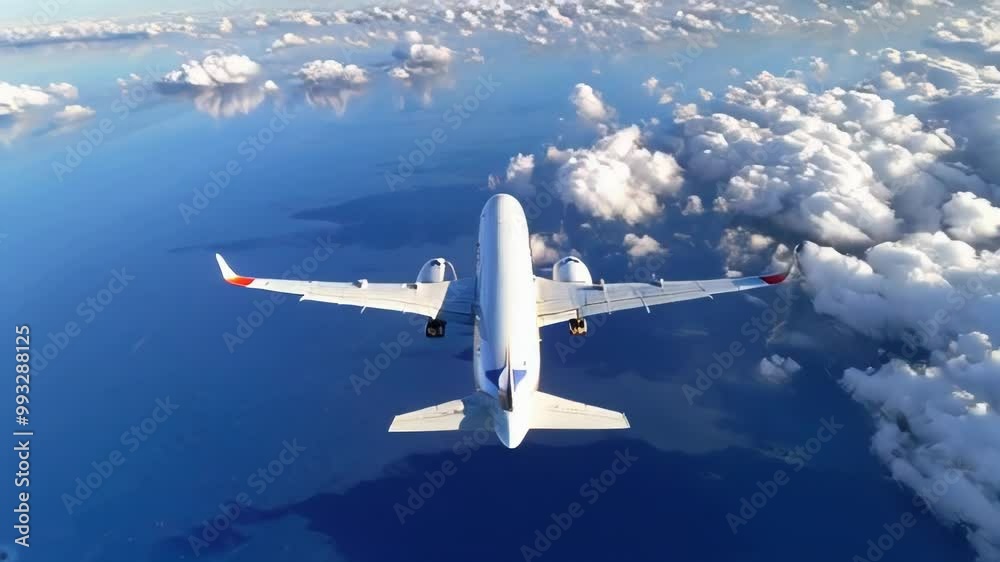 Aerial view of a commercial airplane flying above the clouds. The plane is seen from below, with the clouds in the background.. AI Generation