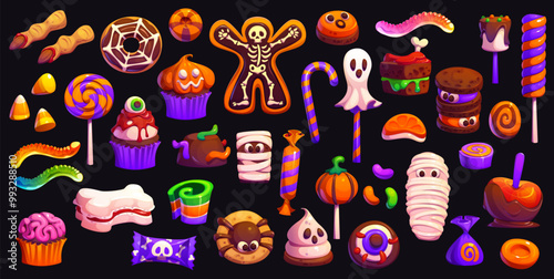 Cartoon Halloween holiday sweets and desserts, vector trick or treat food. Halloween candies, pumpkin lollipops and cupcakes, chocolate cakes, eyeball and corn candies. Ghost, skull, mummy sweets