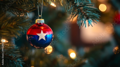 close-up shot of a christmas tree adorned with red, white, and blue ornaments resembling the texas flag, set against a softly blurred background that enhances the festive atmosphere photo