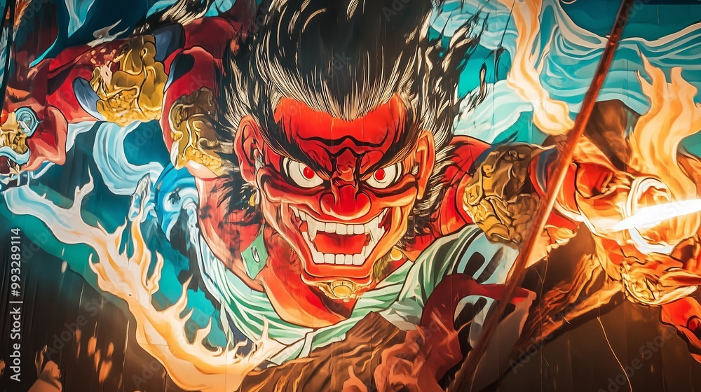 Obraz premium Vibrant mural showcasing an intense warrior bursting with energy, depicting strength and passion in a dynamic urban setting