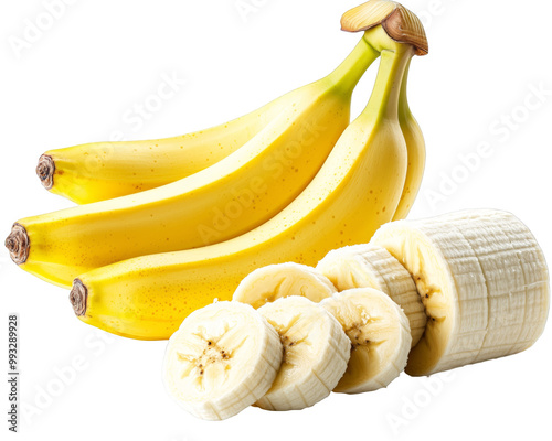 Obraz na płótnie Fresh Bananas and Banana Slices Isolated on transparent background w salonie