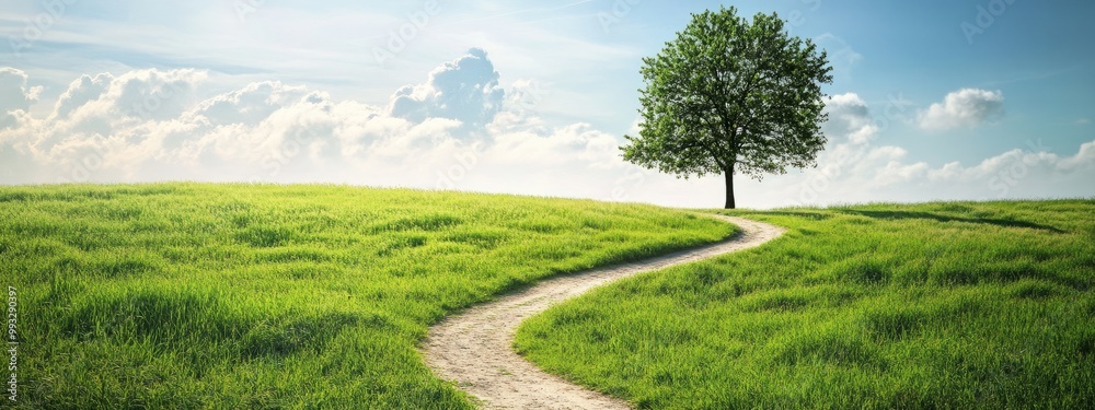 Serene Nature Landscape with Grassy Trail Through Peaceful Meadow and Lush Green Tree Serene Nature Landscape with Grassy Trail Through Peaceful Meadow and Lush Green Tree