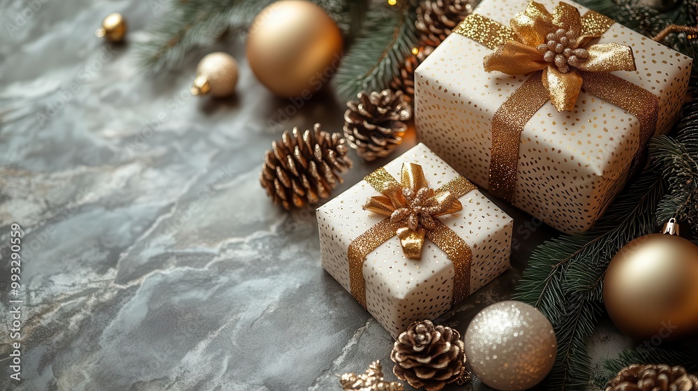 elegant flat lay design for christmas featuring gold and white elements with presents pine cones and decorative christmas balls creating a sophisticated holiday vibe elegant flat lay design for christmas featuring gold and white elements with presents pine cones and decorative christmas balls creating a sophisticated holiday vibe