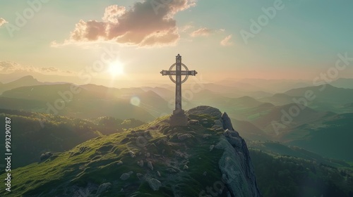 Celtic cross on mountain peak at sunset