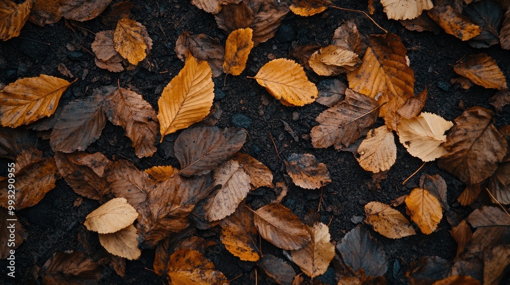 A close-up of dry leaves scattered on the ground, their brown and golden hues contrasting against a dark soil background, showcasing the beauty of autumn decay.