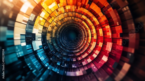 Abstract colorful geometric spiral background with a futuristic and technological feel.