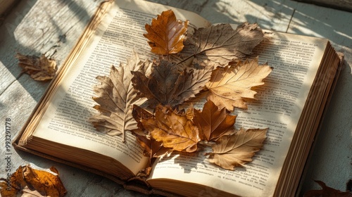 A collection of dry leaves pressed in an open book, symbolizing memories, time, and the beauty of preservation. - photo