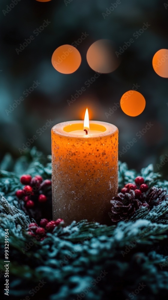 Advent wreath with one lit candle surrounded by Christmas decor and evergreen branches Advent wreath with one lit candle surrounded by Christmas decor and evergreen branches