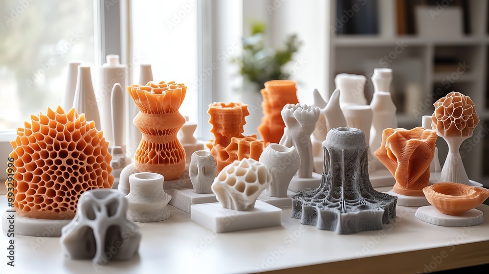 Collection of 3D printed objects in various shapes and sizes ...