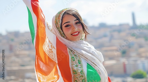 Proud Algerian Woman Celebrating National Day, Waving Flag in Traditional Attire with Cityscape Background on Sunny Day photo