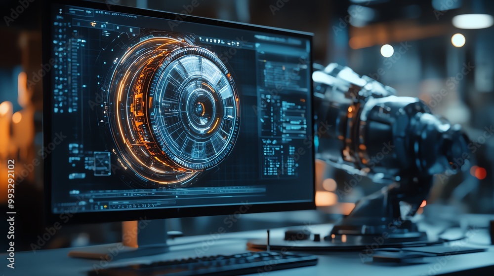 Fototapeta premium Focused female programmer working on AI project, analyzing data on a large monitor.