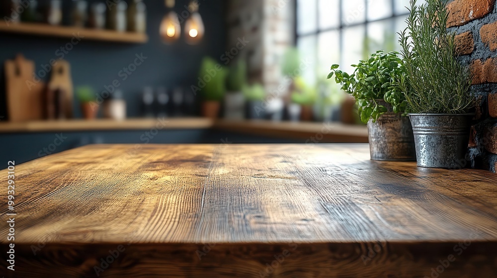 Fototapeta premium empty wooden table in a modern kitchen softly blurred background creating a warm and inviting atmosphere ideal for showcasing culinary creations or home decor