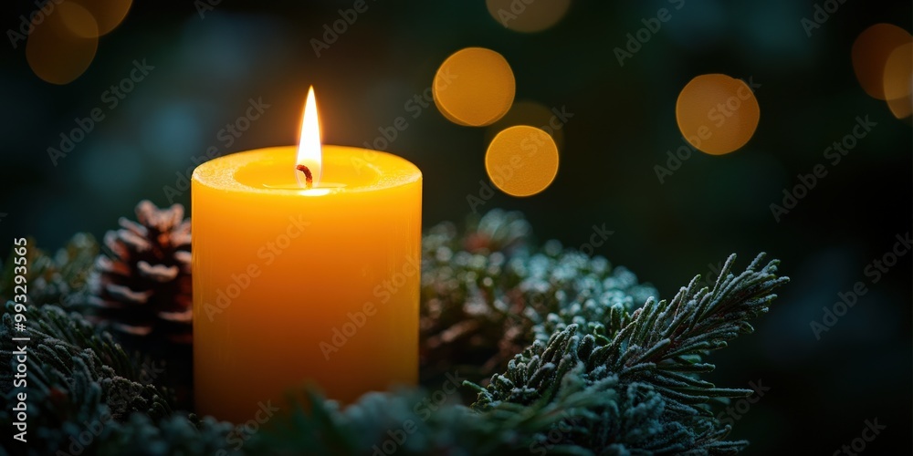 Advent wreath with one lit candle surrounded by Christmas decor and evergreen branches Advent wreath with one lit candle surrounded by Christmas decor and evergreen branches
