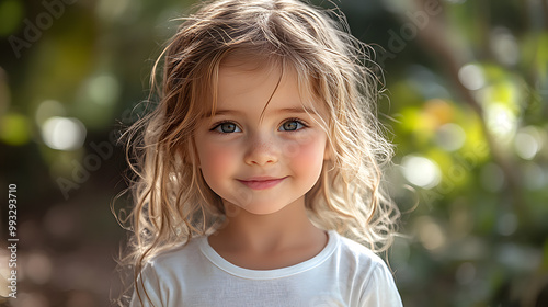 A Mockup of a Happy Toddler Wearing a White Blank Crew Neck T-Shirt, Exuding Joy and Playfulness, Perfect for Showcasing Children’s Apparel in a Bright and Cheerful Setting 