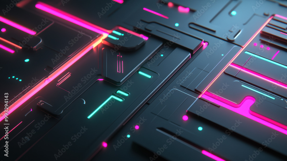 Futuristic abstract design featuring vibrant neon colors on dark gray background, showcasing intricate patterns and glowing lines that evoke sense of technology and innovation Futuristic abstract design featuring vibrant neon colors on dark gray background, showcasing intricate patterns and glowing lines that evoke sense of technology and innovation