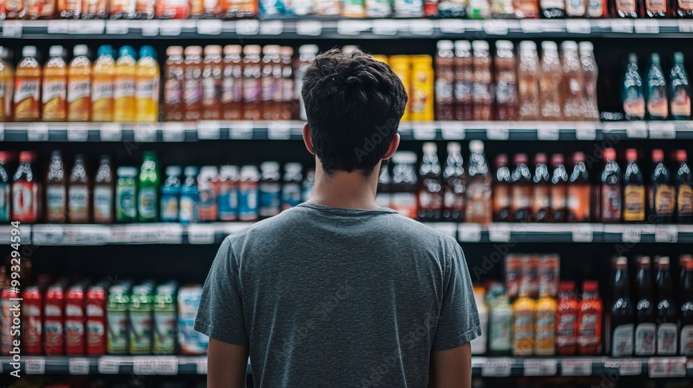 Rear view close-up photo of a man in a gray t-shirt in a grocery store or supermarket in the beverage department choosing what to buy and comparing prices Rear view close-up photo of a man in a gray t-shirt in a grocery store or supermarket in the beverage department choosing what to buy and comparing prices
