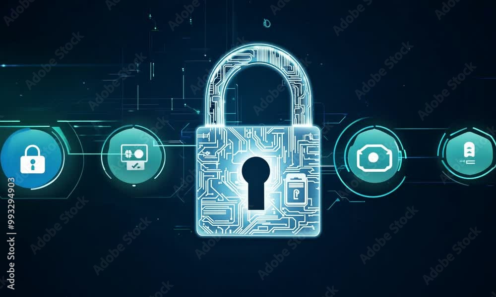 Digital padlock with computing system on dark blue background, cyber security technology for fraud prevention, privacy data network protection concept