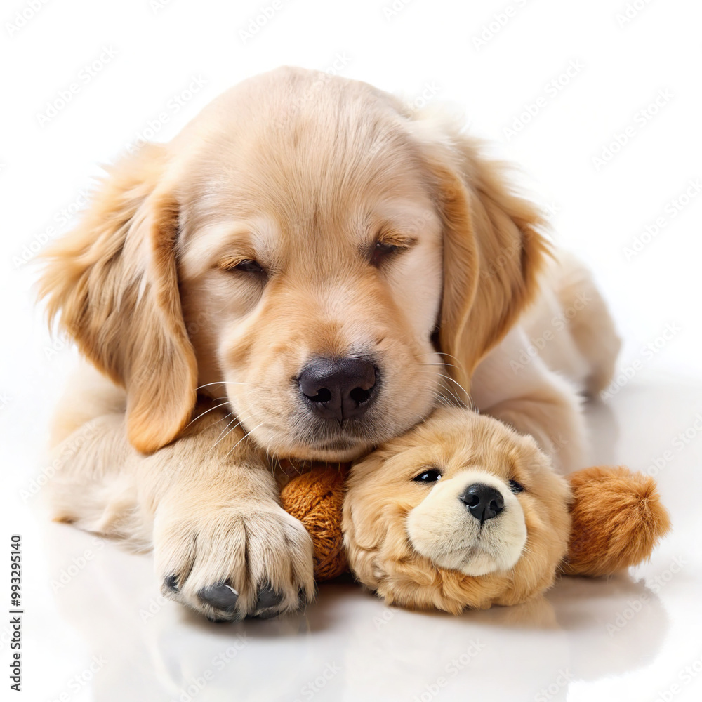 Golden Retriever puppy sleeping with a stuffed animal. Golden Retriever puppy sleeping with a stuffed animal.