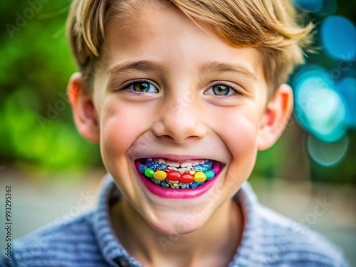 Happy child smiling with a colorful retainer in mouth, showcasing dental health and orthodontics care