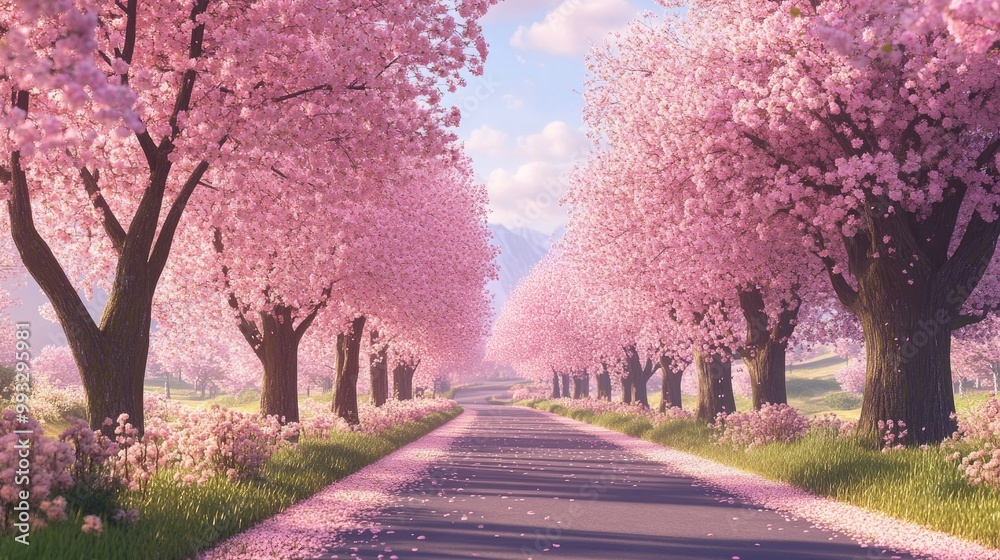 A picturesque road lined with cherry blossom trees in full bloom, creating a stunning canopy of pink petals that invites leisurely strolls. A picturesque road lined with cherry blossom trees in full bloom, creating a stunning canopy of pink petals that invites leisurely strolls.