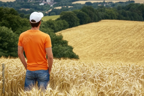 Man in orange T-shirt standing in wheat fields, back view, farming concept with copy space