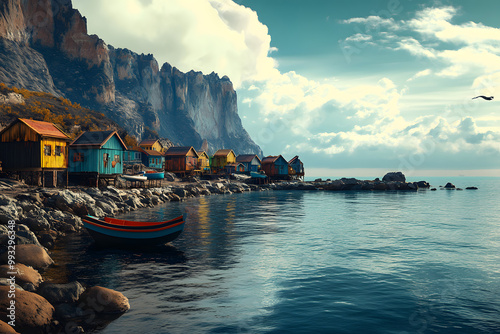 Fishing boats dot the tranquil bay, nestled amidst a picturesque landscape of mountains and beaches under a summer sky photo