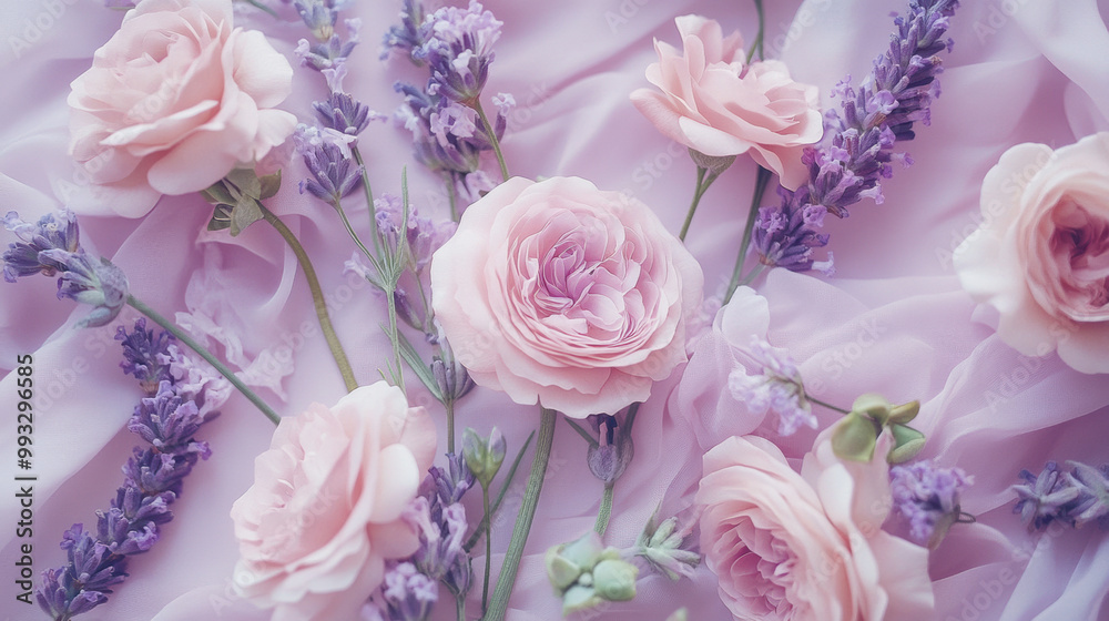 Soft and soothing lavender and pale pink flowers arranged beautifully on delicate fabric create serene and calming atmosphere. This floral composition is ideal for various decorative purposes