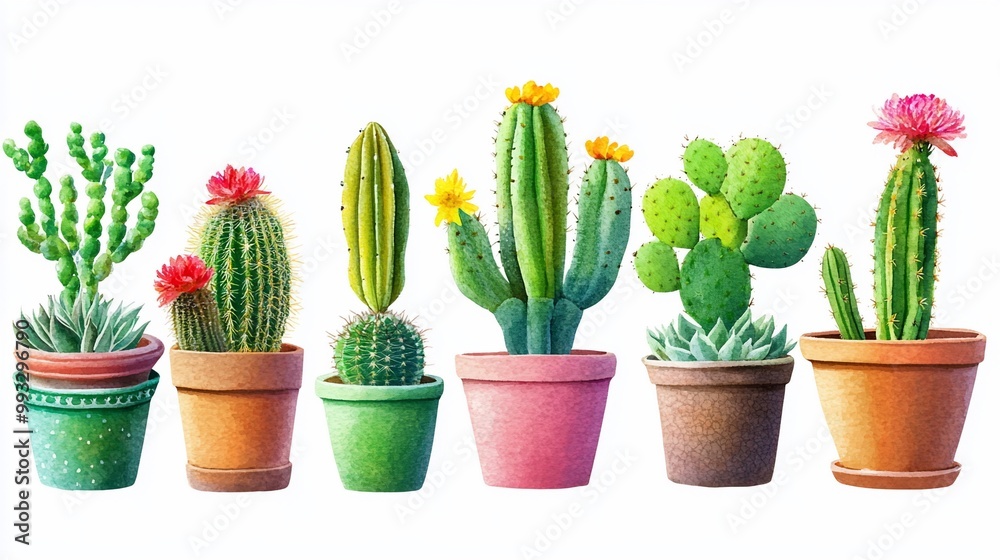 Set of a Cactus Collection in Pots in the Watercolor style