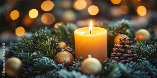 Advent wreath with one lit candle surrounded by Christmas decor and evergreen branches