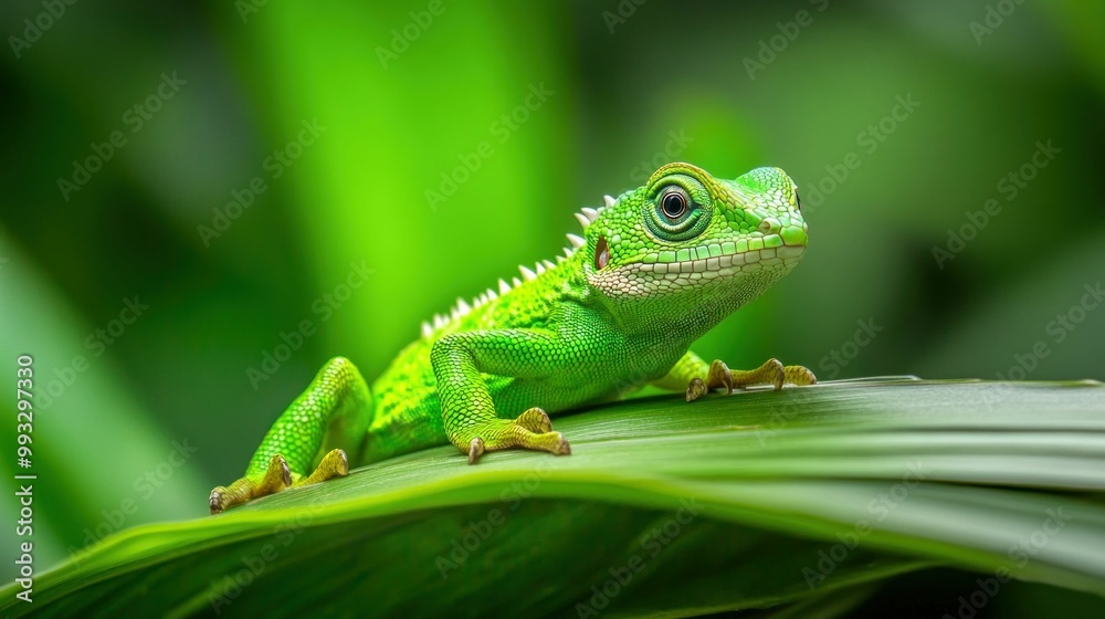 Small green lizard with spiky scales on a leaf in tropical rainforest Small green lizard with spiky scales on a leaf in tropical rainforest