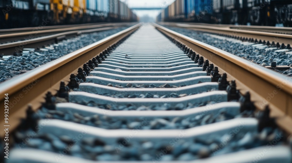 Fototapeta premium Close-up of railroad track leading to industrial cargo train with sharp symmetry
