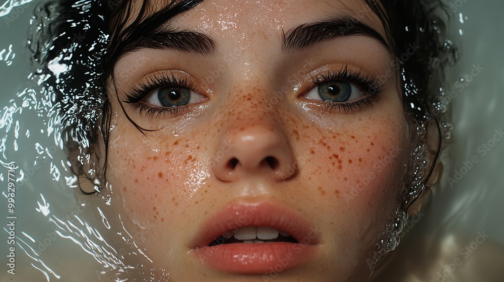 Close-Up Portrait of a Woman with Freckles in Water Close-Up Portrait of a Woman with Freckles in Water