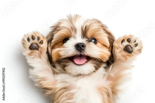 funny, cute shih tzu puppy dog lying on his back with paws up and  waiting for belly rubs; doggy isolated on white background photo