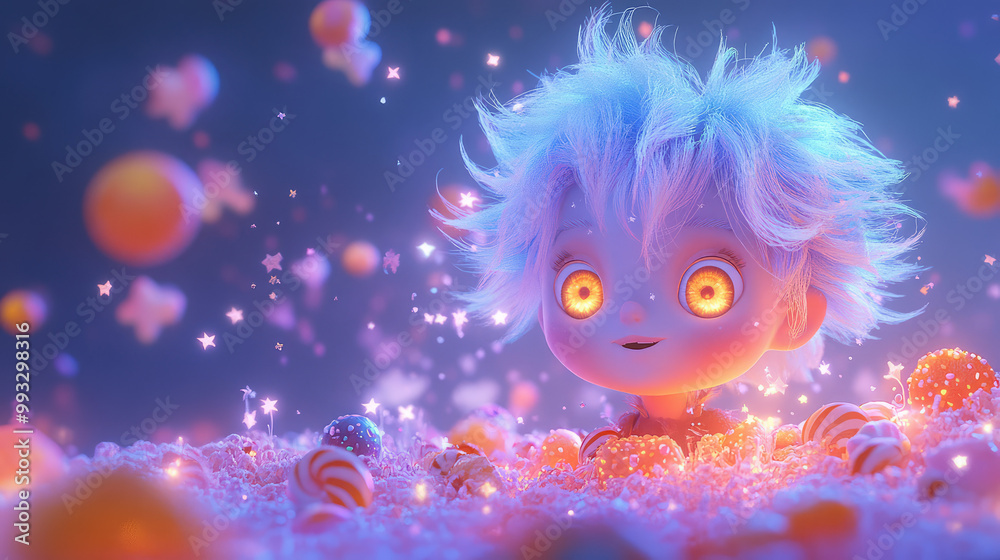 A cheerful 3D vampire with whimsical pastel hair and sparkling eyes, surrounded by a flurry of candy and stars, celebrating the joy of Halloween. A cheerful 3D vampire with whimsical pastel hair and sparkling eyes, surrounded by a flurry of candy and stars, celebrating the joy of Halloween.
